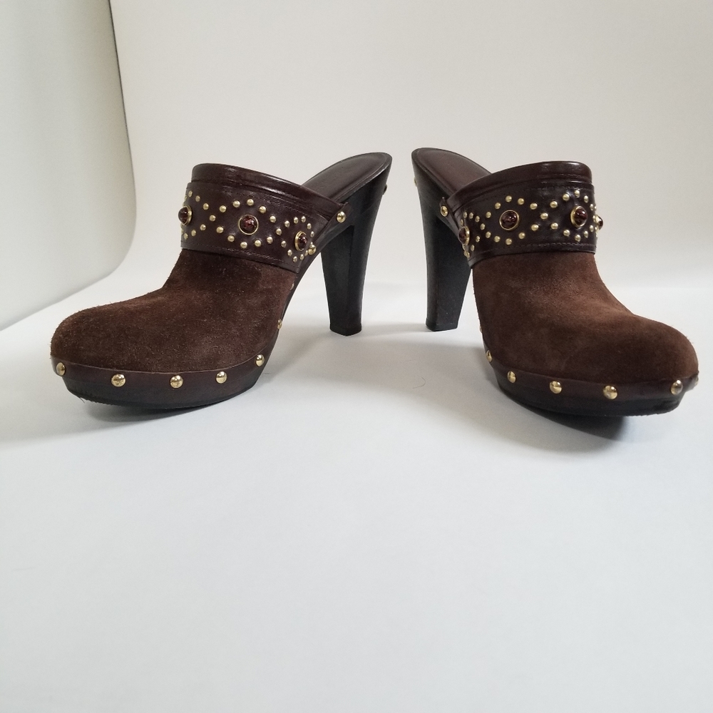 Michael Kors Womens Brown Suede Studded Wooden Mule Clogs Sz 7.5 - Picture 2 of 7
